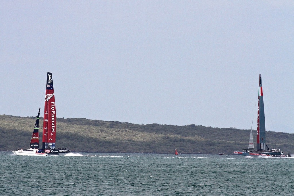 Emirates Team NZ has a big margin in terms of distance, but maybe not in time- AC72 Race Practice - Takapuna March 8, 2013 © Richard Gladwell www.photosport.co.nz
